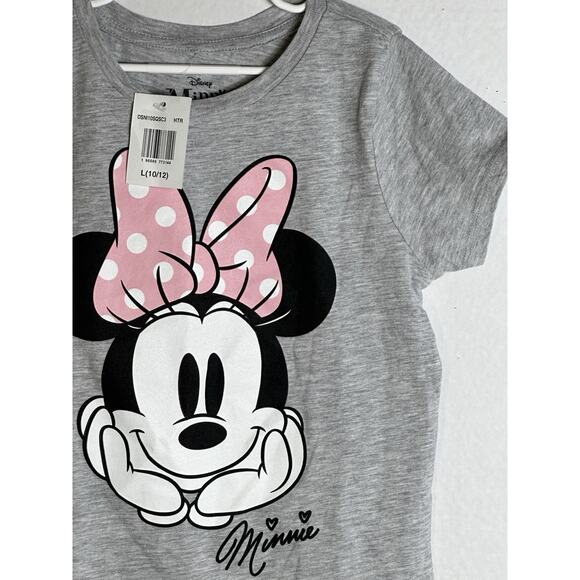 Disney Minnie Mouse Girls T-Shirt Gray Pink Polka Dot Bow L 10/12 Youth New - Picture 1 of 6